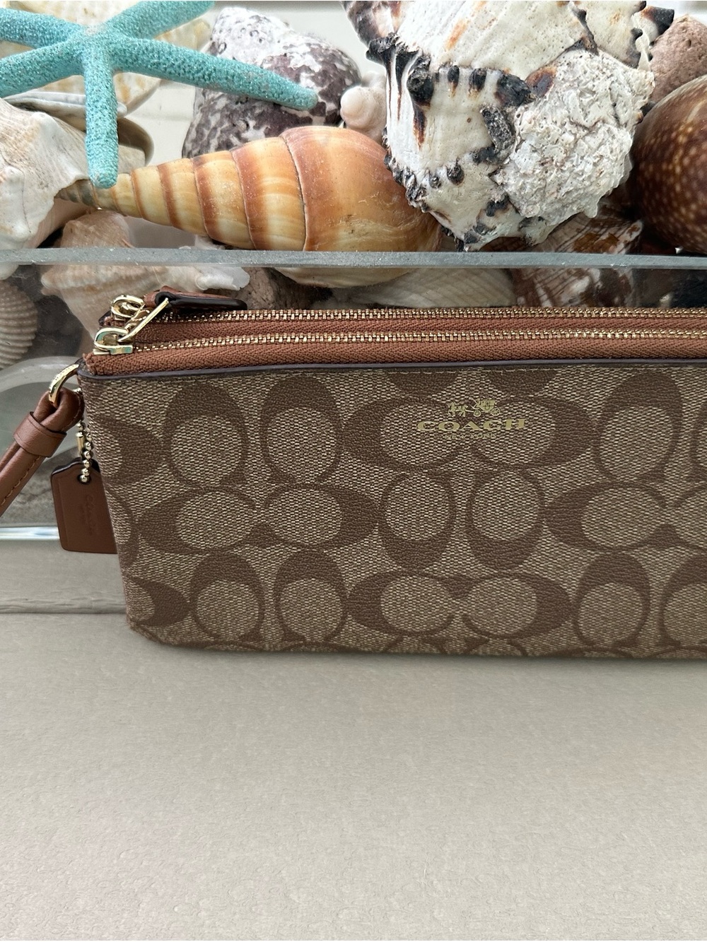 Coach Signature Brown/Beige Double Zipper Wristlet/Wallet with Gold Hardware